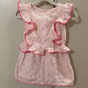 Egg New York Cherry Print Dress 2T Pink Pom Trim Ruffle Summer Boutique Dress